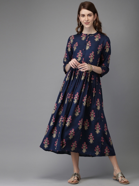 

Anouk Women Navy Blue & Gold-Toned Printed A-Line Kurta