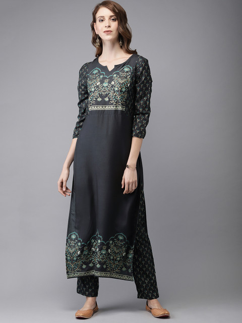 

Anouk Women Charcoal Grey & Gold-Toned Printed Kurta with Trousers