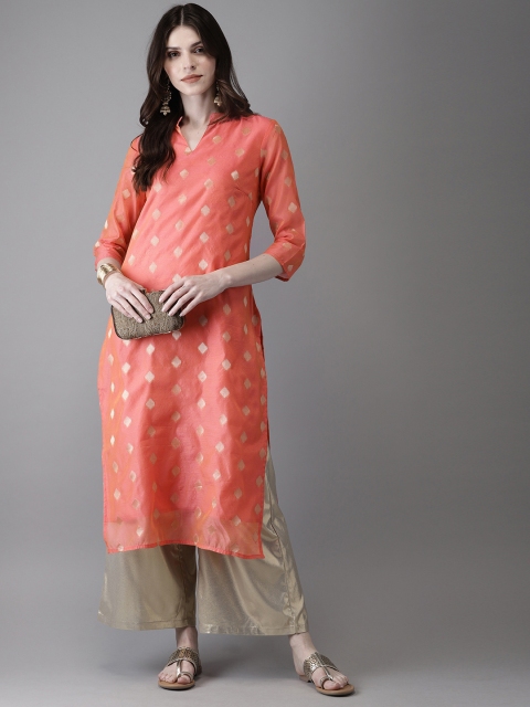 

Anouk Women Peach-Coloured & Gold-Toned Printed Straight Kurta