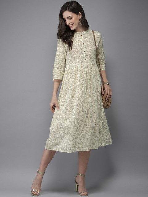 

Anouk Women Off-White & Olive Green Floral Print A-Line Kurta