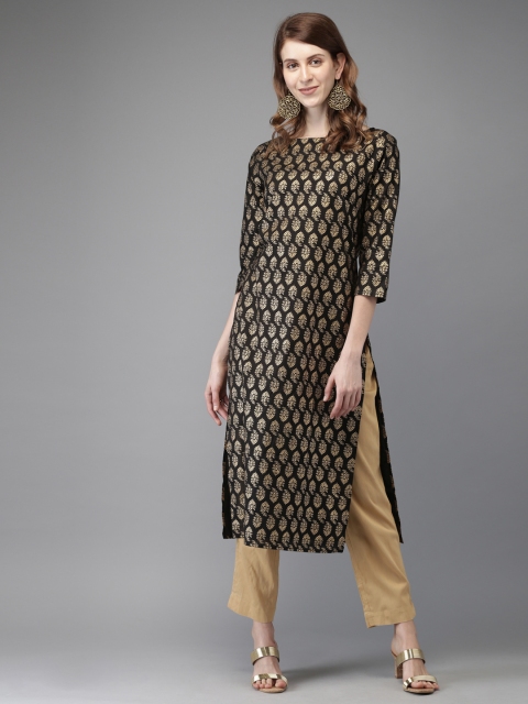 

Anouk Women Black & Gold-Toned Printed Straight Kurta