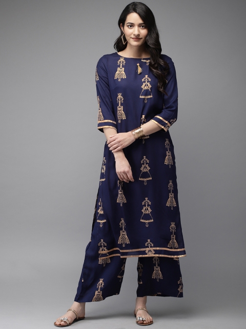 

Anouk Women Navy Blue & Gold-Toned Printed Kurta with Palazzos
