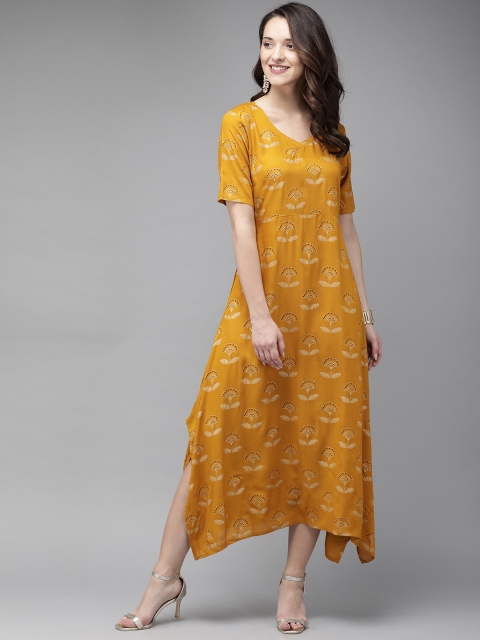 

Anouk Women Mustard Yellow Printed A-Line Fusion Asymmetric Kurta