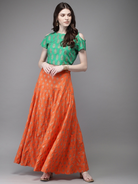 

Anouk Women Orange & Green Printed Top with Skirt