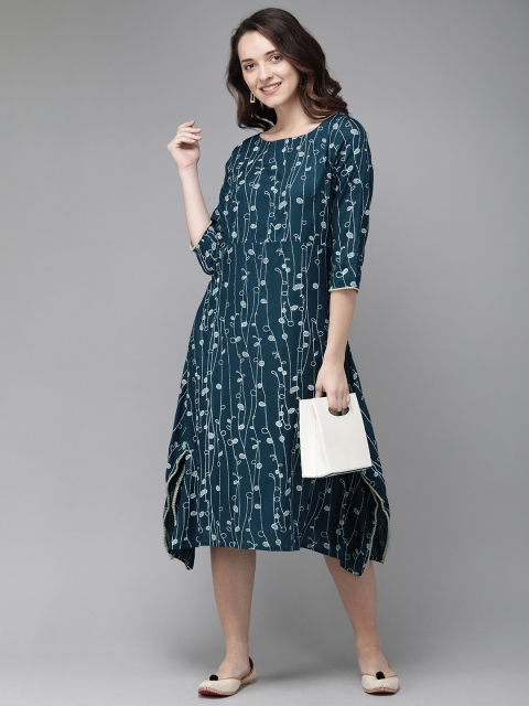 

Anouk Women Teal Blue & White Asymmetric Hemline Printed Fusion A-Line Kurta