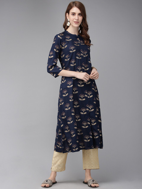 

Anouk Women Navy Blue & Golden Printed A-Line Kurta