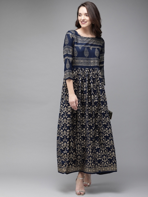 

Anouk Women Navy Blue & Gold-Coloured Fusion Printed A-Line Kurta