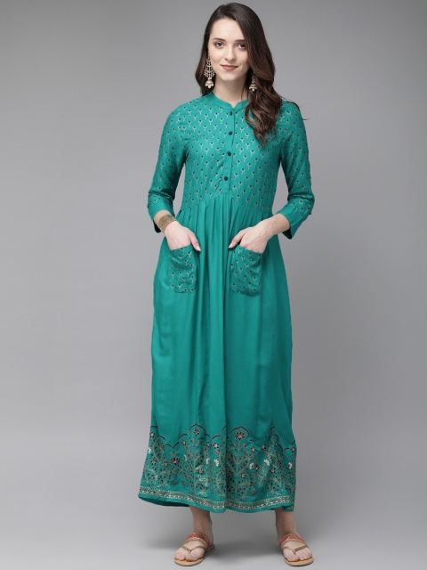 

Anouk Women Turquoise Blue & Gold-Toned Printed A-Line Kurta