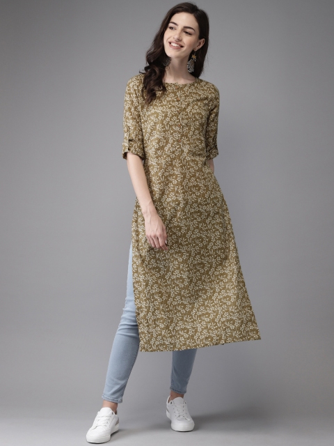

Anouk Women Olive Green & Beige Printed A-Line Kurta