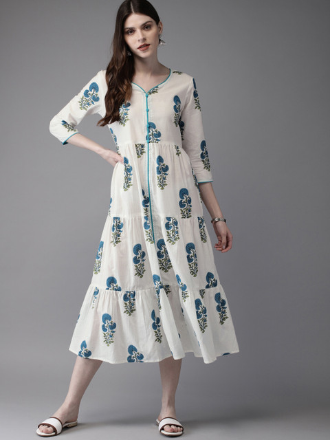 

Anouk Women White & Turquoise Blue Printed A-Line Tiered Kurta