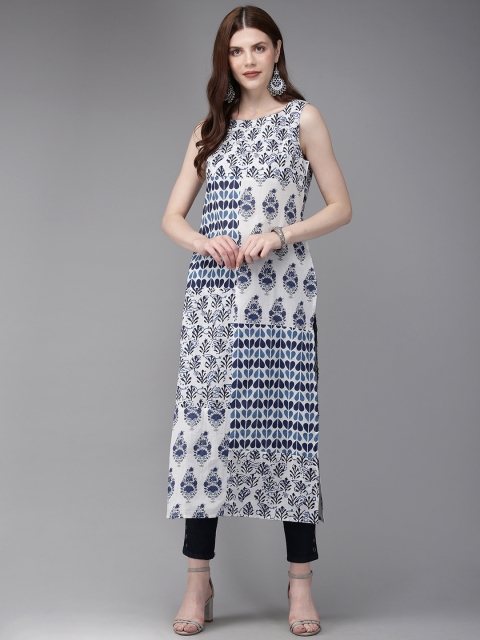 

Anouk Women White & Navy Blue Printed Straight Kurta