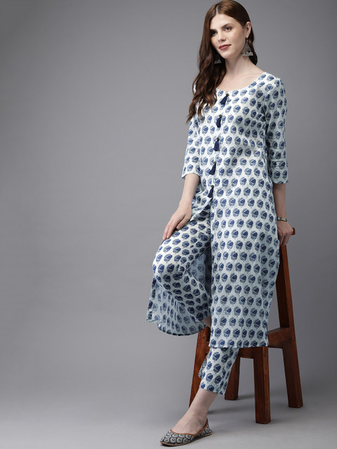 

Anouk Women White & Blue Printed Kurta with Trousers