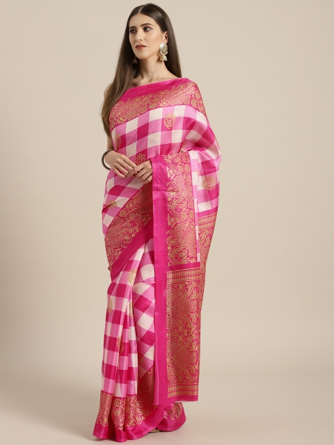 

Rajesh Silk Mills Pink & Off-White Checked Bhagalpuri Saree