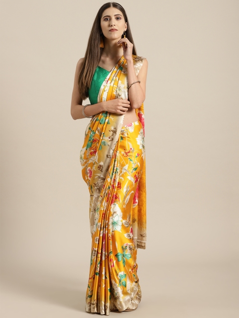 

Rajesh Silk Mills Mustard Yellow & Pink Printed Saree