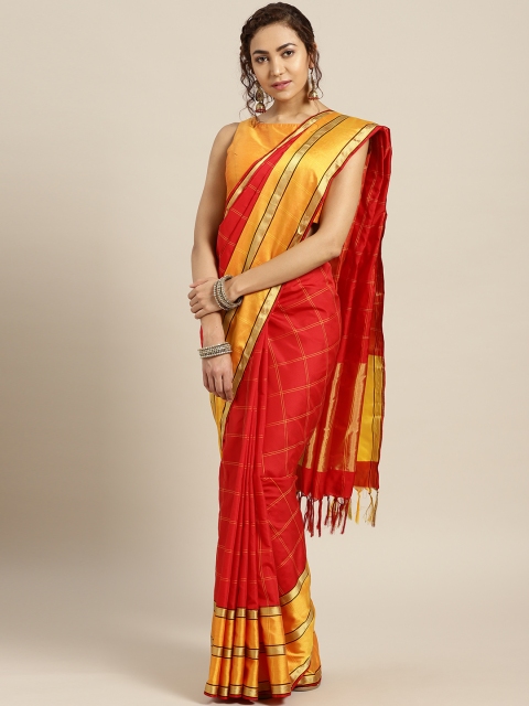 

Rajesh Silk Mills Red & Mustard Yellow Checked Saree