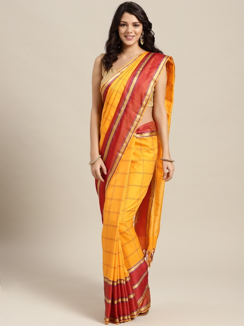 

Rajesh Silk Mills Mustard Yellow & Red Checked Saree