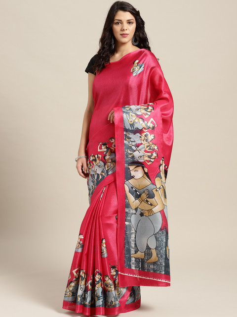 

Rajesh Silk Mills Pink & Grey Printed Bhagalpuri Saree