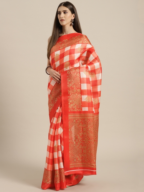 

Rajesh Silk Mills Red & Orange Silk Cotton Checked Bhagalpuri Saree