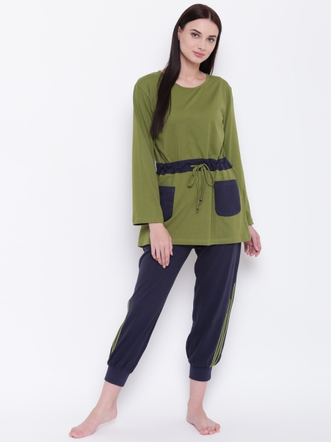

9teenAGAIN Women Olive Green & Navy Blue Solid Night Suit 2AW16-0232-NS1