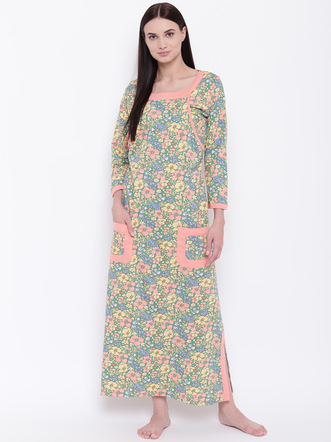 

9teenAGAIN Green & Yellow Printed Nursing Maxi Nightdress 1MN16-0756-NS26