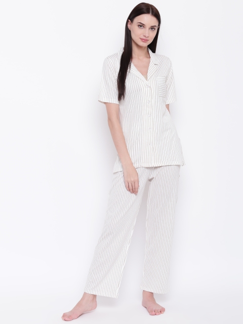 

9teenAGAIN Women White & Brown Striped Night Suit 1SS16-0220A-NS1