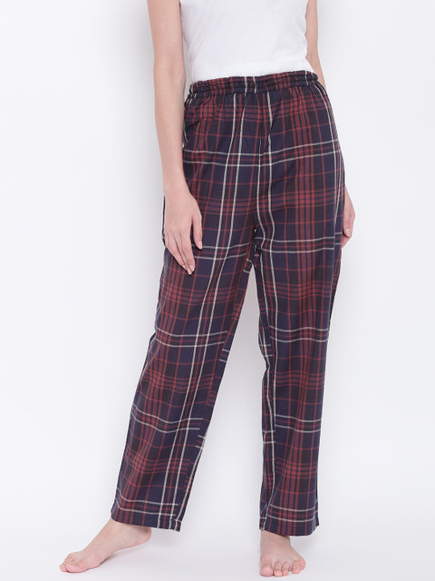

9teenAGAIN Women Navy Blue & Rust Red Checked Lounge Pants 3AW17-1522-SP1
