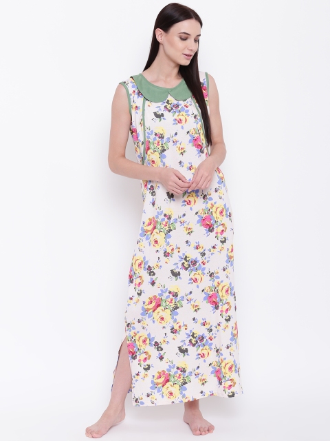

9teenAGAIN Off-White & Yellow Printed Maxi Nursing Nightdress 3MN16-1345-N1