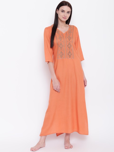 

9teenAGAIN Orange & Olive Green Embroidered Detail Nightdress