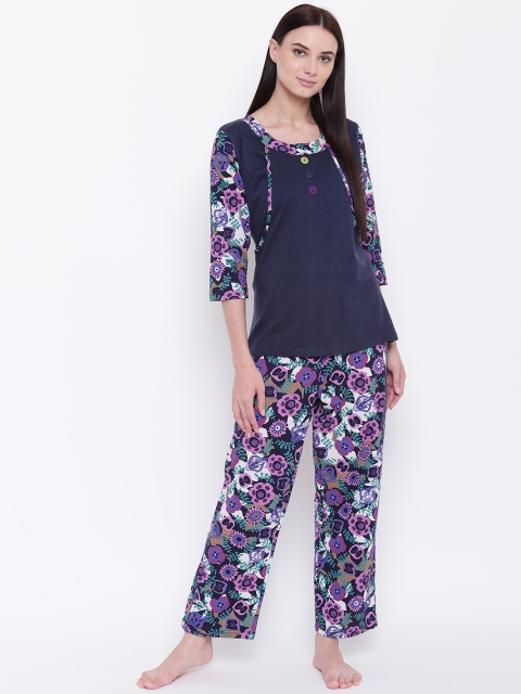 

9teenAGAIN Women Navy Blue & Purple Printed Nursing Night Suit