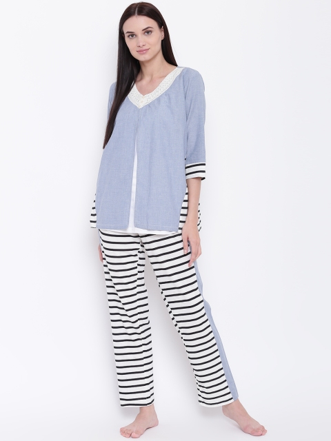 

9teenAGAIN Women Blue & White Solid Nursing Night Suit 3MN16-1382-NS1
