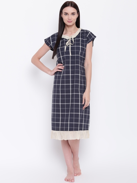 

9teenAGAIN Charcoal Grey & Off-White Checked Pure Cotton Nightdress with Ruffles