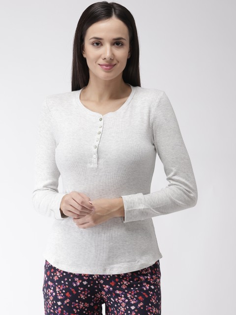 

Marks & Spencer Women Grey Melange Solid Henley Neck T-shirt