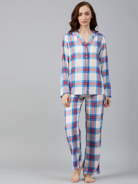 

Marks & Spencer Women White & Blue Checked Night suit