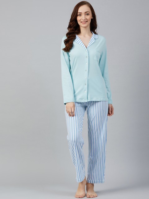

Marks & Spencer Women Blue & White Solid Night suit
