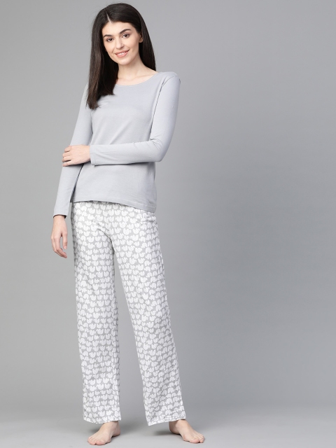

Marks & Spencer Women Grey & White Solid Printed Night suit