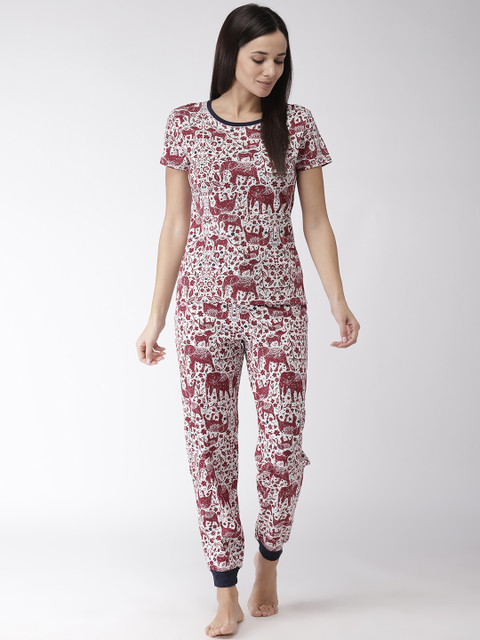 

Marks & Spencer Women Maroon & Off-White Printed Night suit
