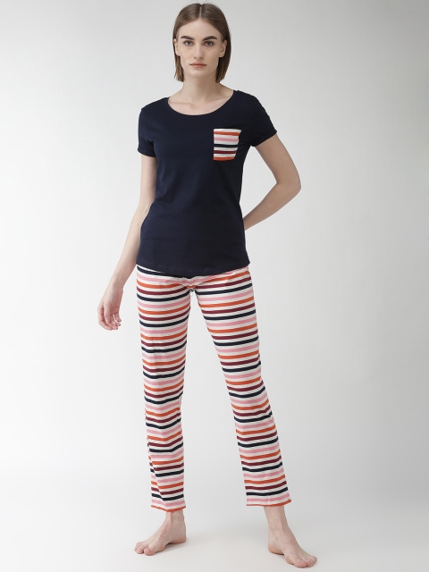 

Marks & Spencer Women Navy Blue & Pink Striped Night suit
