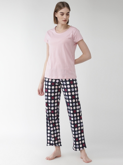 

Marks & Spencer Women Pink & Navy Blue Printed Night suit