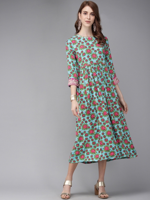 

Anouk Women Turquoise Blue & Pink Floral Print A-Line Dress