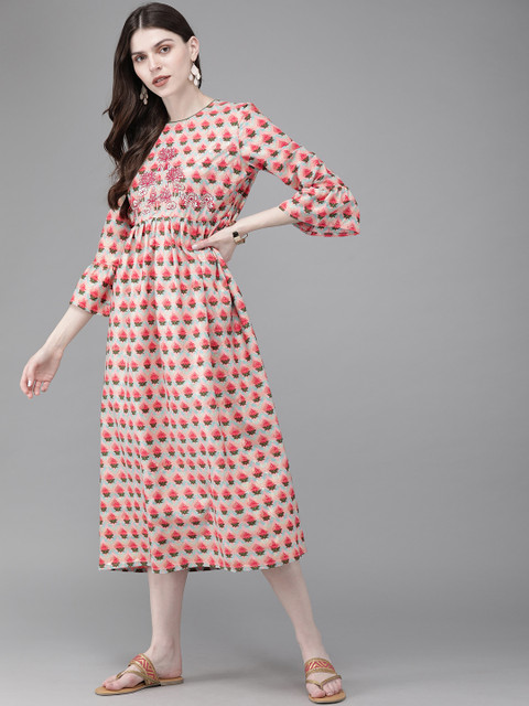 

Anouk Women Pink Printed A-Line Midi Dress