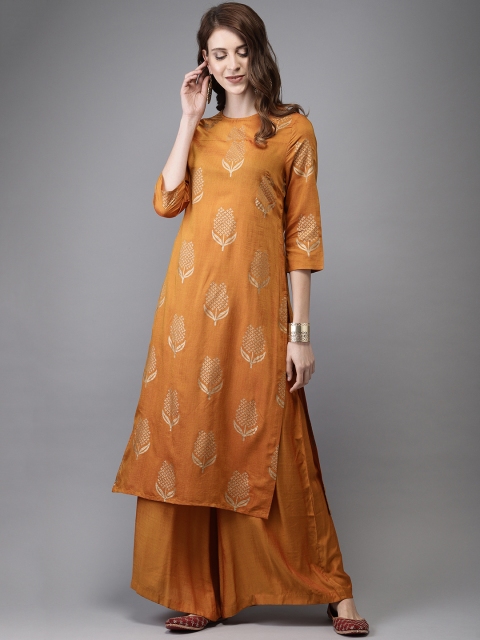 

Anouk Women Mustard & Gold-Toned Printed Kurta with Palazzos