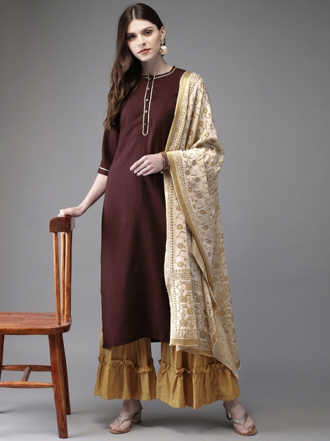 

Anouk Women Burgundy & Mustard Yellow Solid Kurta with Palazzos & Dupatta