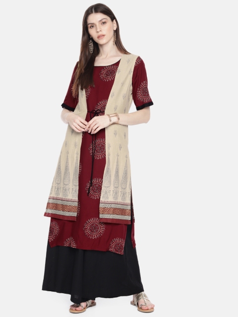

Anouk Women Maroon & Beige Printed Straight Kurta with Ethnic Jacket