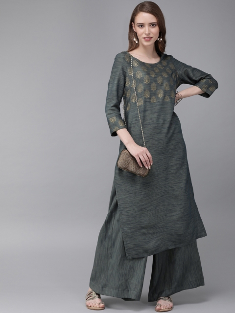 

Anouk Women Grey & Golden Printed Kurta with Palazzos