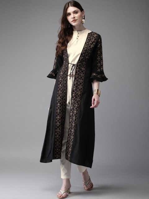 

Anouk Women Cream-Coloured & Black Printed Top with Trousers & Jacket