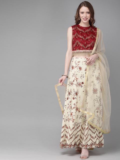 

Anouk Women Maroon & Off-White Embroidered Top with Skirt & Dupatta