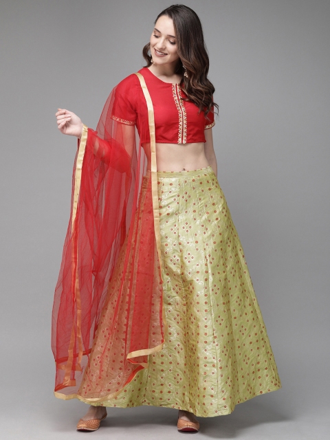 

Anouk Red & Sea Green Embroidered Ready to Wear Lehenga & Blouse with Dupatta