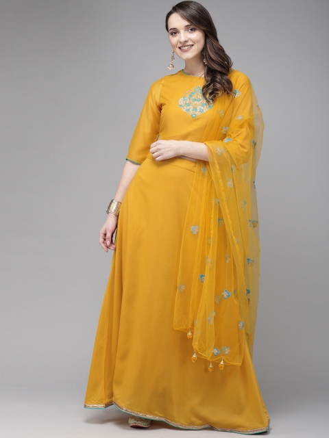 

Anouk Women Mustard Yellow Solid Embroidered Top with Skirt & Dupatta