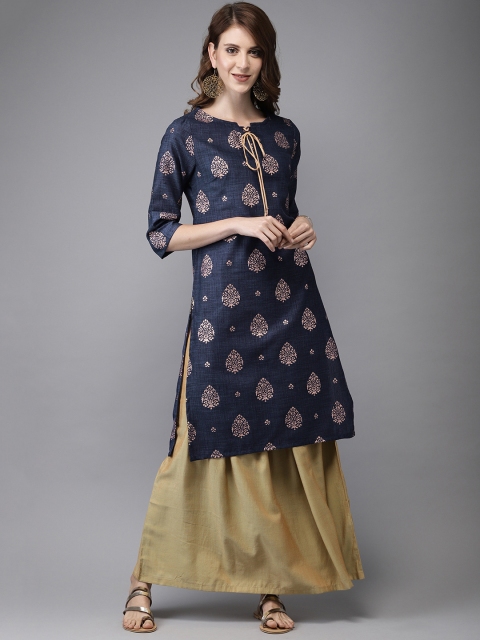 

Anouk Women Navy Blue & Gold-Toned Printed Kurta with Skirt