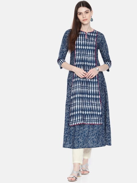 

Anouk Women Navy Blue & White Printed A-Line Kurta with Trousers
